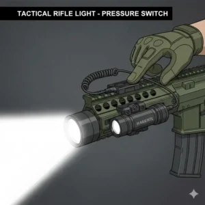 A powerful rifle light featuring a remote pressure switch for quick activation during tactical maneuvers, demonstrating the best gun lights.