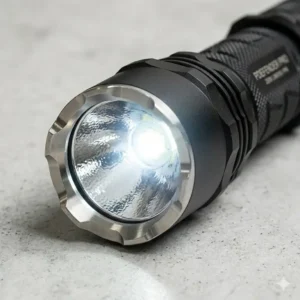 Illustration 3: A close-up detail of the stainless steel strike bezel on the best personal defense flashlight.