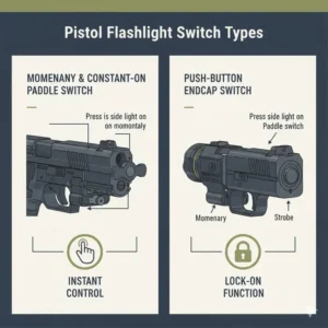 An instructional graphic explaining the different switch activation styles found on the best pistol flashlight.