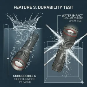 Illustration 3: A durability demonstration showing a nebo redline flashlight being tested for water and shock resistance.