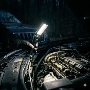 A mechanic using a rechargeable magnetic hand light to inspect a car engine bay.