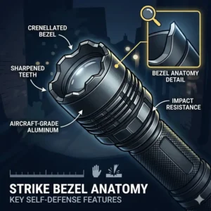Close-up diagram of a reinforced strike bezel on the best self defense torch for personal safety.