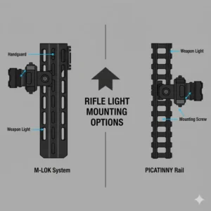 Illustration of different mounting interfaces for securing good rifle lights to M-LOK handguards and Picatinny rails.