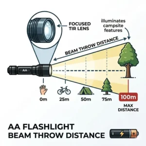 A diagram illustrating the maximum beam throw distance of a powerful aa flashlight at 100 meters.