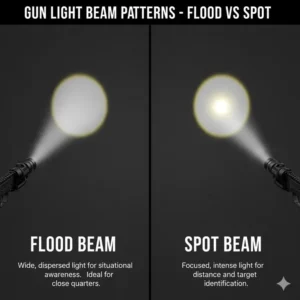 An illustration showing the flood and spot beam patterns of the best gun lights for indoor and outdoor environments.