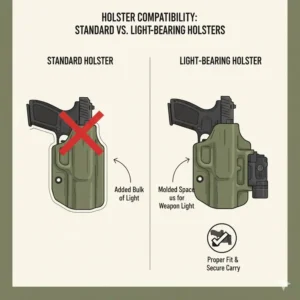 A diagram demonstrating the importance of using a light-bearing holster with your best pistol flashlight.