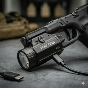 Modern USB-C charging features found on the best pistol light brands like Holosun and Olight.