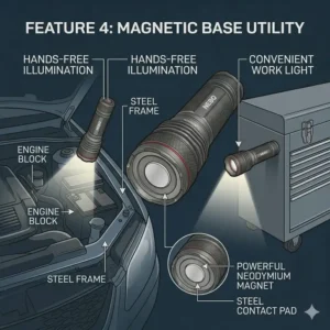 Illustration 4: A workplace scene showing the powerful magnetic base of a nebo redline flashlight attached to a steel surface.