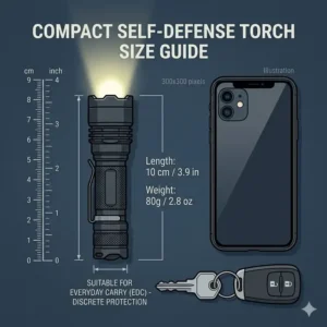 A size comparison illustration showing the best self defense torch next to everyday items for portability.
