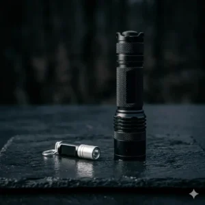 A side-by-side comparison of a keychain hand light and a heavy-duty searchlight.