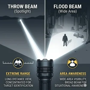 Diagram showing the beam distance and flood width of the best self defense torch for maximum visibility.