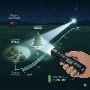 A visual graphic showing the long-range beam distance and light spread of the best aa battery flashlight at night.