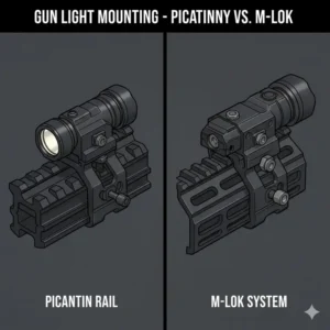 Close-up of different mounting interfaces for the best gun lights, including standard Picatinny and M-LOK rail systems.