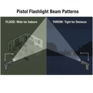 A visual representation comparing flood and throw beam patterns for the best pistol flashlight.
