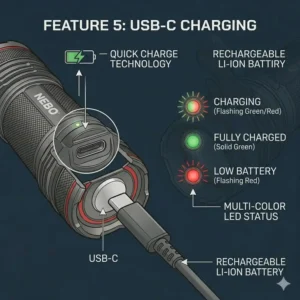 Illustration 5: A close-up view of the USB-C charging port and battery status indicator on a nebo redline flashlight.