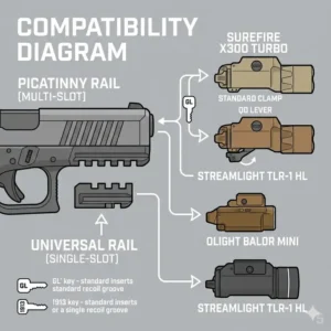 Technical diagram showing rail compatibility for various models from the best pistol light brands.