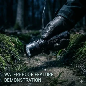 A durable hand light being used in heavy rain showing water droplets on the lens.