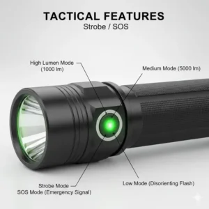 Tactical button interface showing mode selection on the best rechargeable flashlight high lumens.