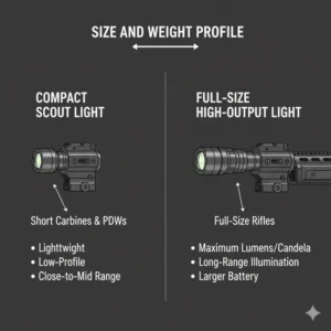 A diagram showing common power sources for good rifle lights, including CR123A lithium batteries and USB-C rechargeable cells.