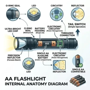 A detailed internal anatomy diagram of an aa flashlight showing the LED chip and battery compartment.