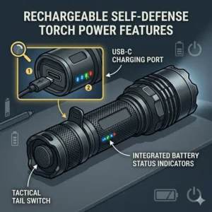 Illustration of the charging port and battery life indicator on the best self defense torch.