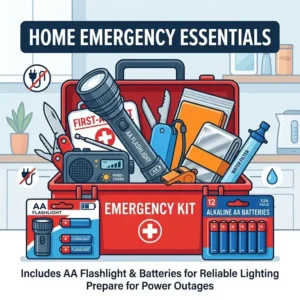 An illustration of an emergency preparedness kit featuring the best aa battery flashlight and spare alkaline batteries.