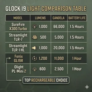 A detailed comparison table and infographic analyzing the best glock 19 lights based on lumens, candela, and battery life.