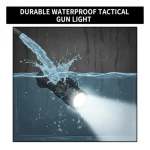 A rugged, waterproof tactical gun light being tested for durability and impact resistance in harsh conditions, highlighting the best gun lights.