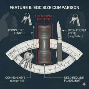 Illustration 6: A size comparison graphic showing the nebo redline flashlight alongside common everyday carry items.
