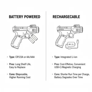 An illustration comparing battery and rechargeable power for the best light for glock.