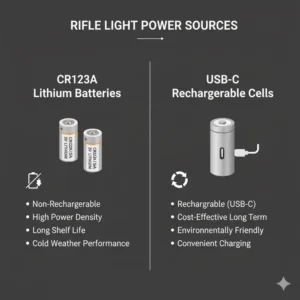 An icon-based illustration highlighting IPX7 waterproof ratings and recoil resistance for good rifle lights.