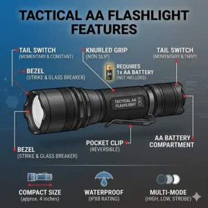 A detailed diagram of the best aa battery flashlight highlighting tactical features like the tail switch and bezel.