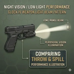 An illustration demonstrating beam throw and spill performance for the best glock 19 lights in night vision scenarios.