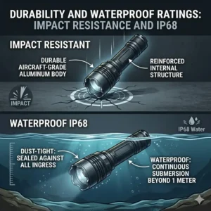 Icons representing the impact resistance and waterproof rating of the best self defense torch.