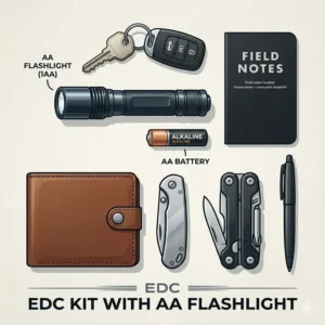 A flat lay of an everyday carry kit including a pocket knife and a slim aa flashlight.