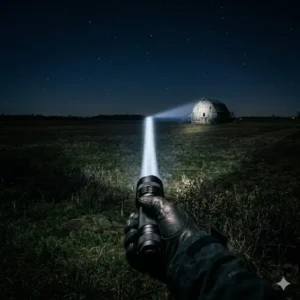 A demonstration of a hand light projecting a long-distance beam across an open field.