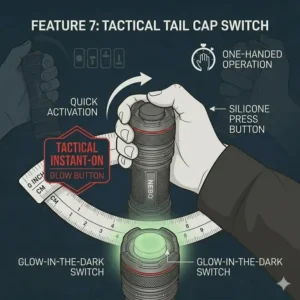 Illustration 7: A demonstration of the glow-in-the-dark tactical tail cap switch on a nebo redline flashlight.