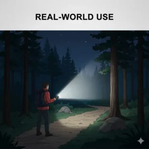 A hiker using the best rechargeable flashlight high lumens to illuminate a trail during a night hike.