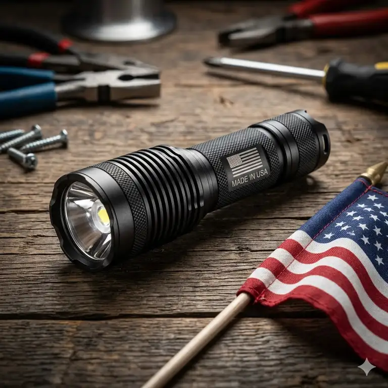 A premium tactical best flashlight made in usa displayed on a wooden workbench with an American flag.