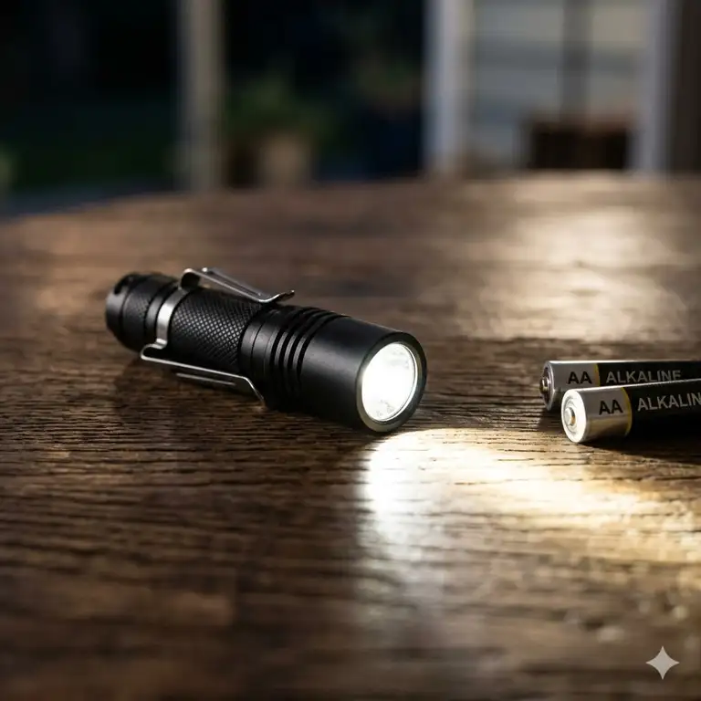 A high-quality good aa flashlight casting a bright beam across a dark wooden table next to alkaline batteries.