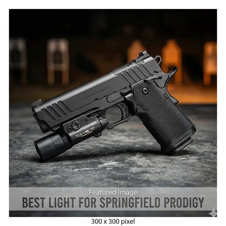 Featured Image: A tactical handgun setup featuring the best light for springfield prodigy mounted on the accessory rail.