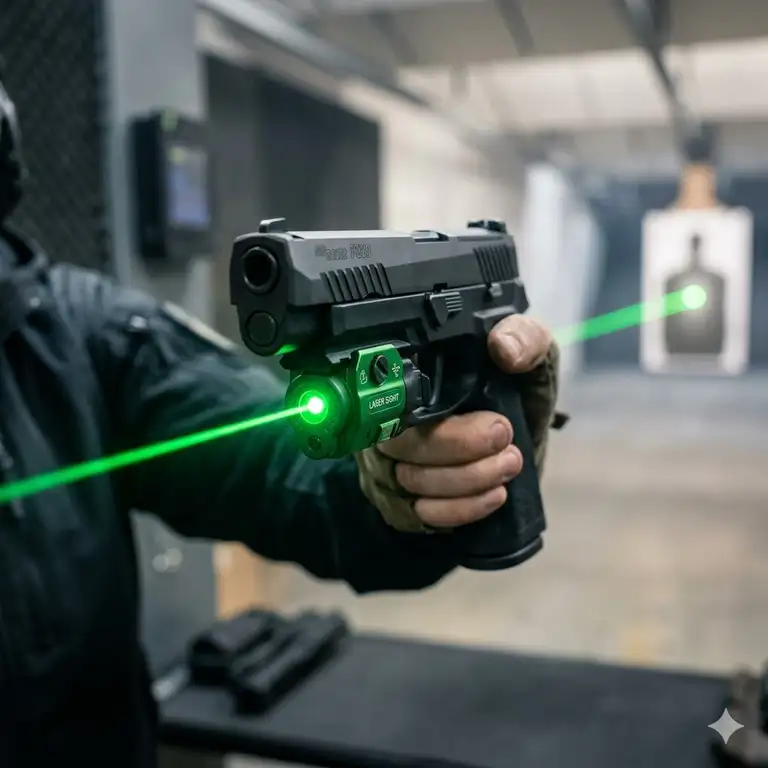 Professional tactical handgun at a shooting range equipped with the best pistol laser for rapid target acquisition.