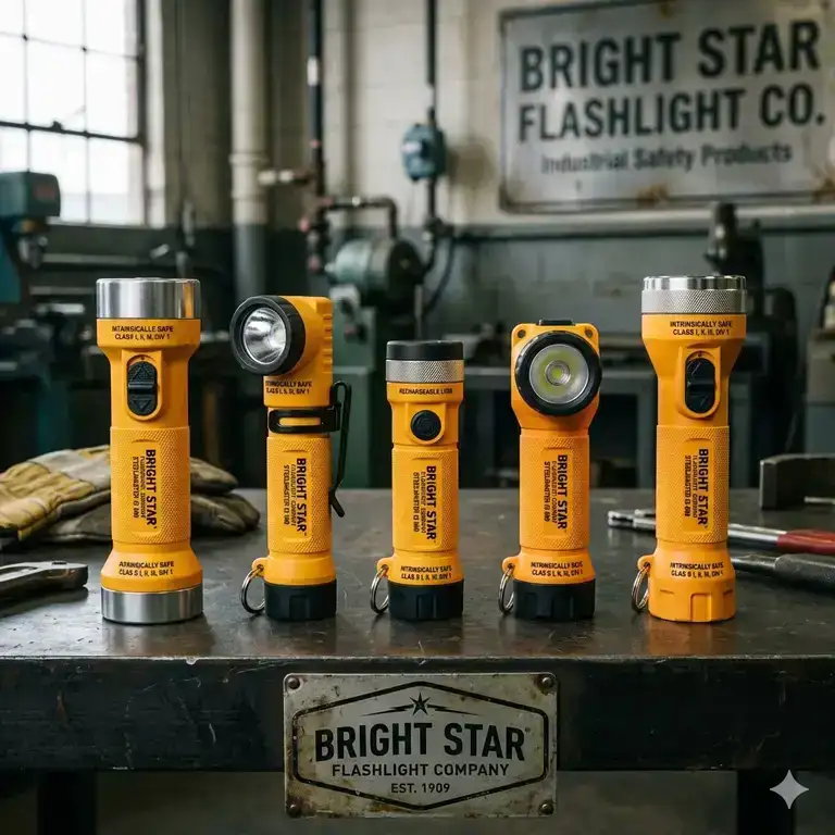 A professional lineup of Bright Star Flashlight Company industrial safety flashlights used for hazardous work environments.