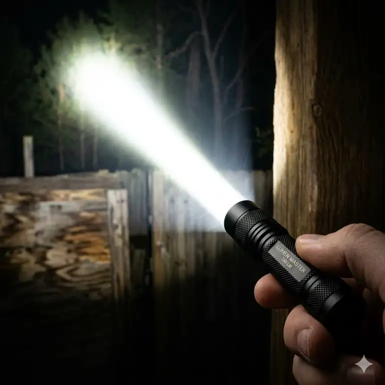 A high-lumen AAA flashlight casting a powerful beam across a dark backyard to demonstrate maximum brightness.