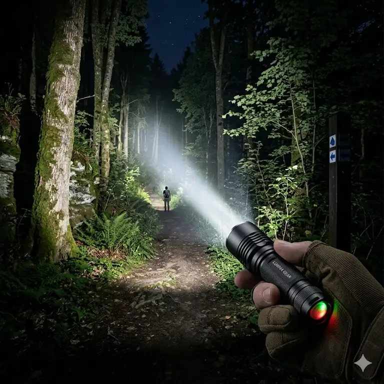 A high-lumen small powerful torch illuminating a dark forest trail with a bright, wide beam.