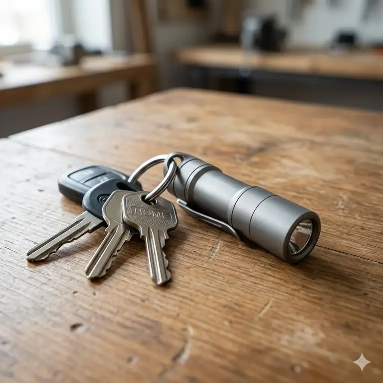 A top-down photograph of a premium EDC setup featuring a good keychain flashlight attached to a set of keys on a wooden table.