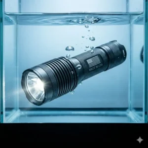 The best flashlight made in usa being submerged in water to demonstrate its rugged waterproof durability.