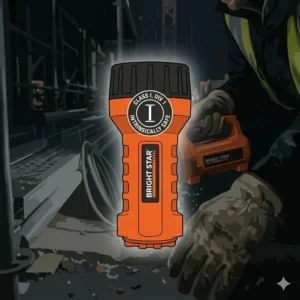 Illustration of Bright Star flashlights highlighting intrinsic safety certifications for hazardous environments.
