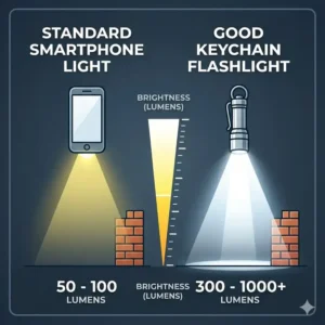 An illustrative diagram comparing the high lumen output of a good keychain flashlight against a standard smartphone light.
