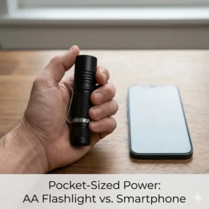 A compact good aa flashlight held in a palm to demonstrate its portable pocket-sized dimensions.